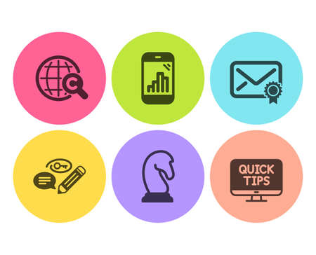 Verified mail, International Ð¡opyright and Marketing strategy icons simple set. Graph phone, Keywords and Web tutorials signs. Confirmed e-mail, World copywriting. Education set. Vectorのイラスト素材
