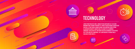 Header banner. Carousels, Cogwheel timer and Start business icons simple set. Spanner, Good mood and Synchronize signs. Attraction park, Engineering tool. Technology set. Line carousels icon. Vectorのイラスト素材