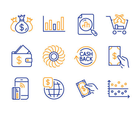 Fan engine, World money and Cashback icons simple set. Analytics graph, Column chart and Cross sell signs. Wallet, Pay money and Contactless payment symbols. Check investment, Dot plot. Vectorのイラスト素材