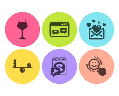 Washing machine, Browser window and Bordeaux glass icons simple set. Balance, Love mail and Smile signs. Repair service, Website chat. Business set. Flat washing machine icon. Circle button. Vectorのイラスト素材