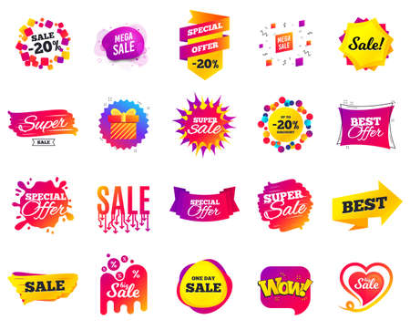 Sale banner. Special offer template tags. Cyber monday sale discount. Black friday shopping icons. Best ultimate offer badge. Super shopping discount icons. Mega banners set vectorのイラスト素材