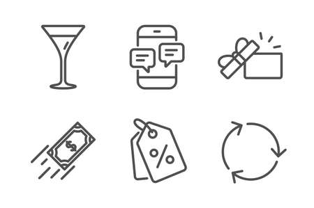 Phone messages, Martini glass and Fast payment icons simple set. Discount tags, Opened gift and Recycling signs. Mobile chat, Wine. Business set. Line phone messages icon. Editable stroke. Vectorのイラスト素材