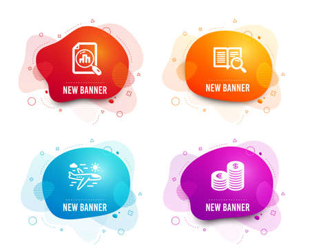 Liquid badges. Set of Analytics graph, Airplane travel and Search text icons. Currency sign. Chart report, Trip flight, Open book. Euro and usd.  Gradient analytics graph icon. Flyer fluid designのイラスト素材