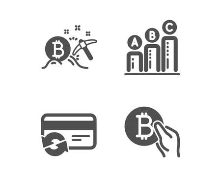 Set of Change card, Bitcoin mining and Graph chart icons. Bitcoin pay sign. Payment method, Cryptocurrency pickaxe, Growth report. Cryptocurrency coin.  Classic design change card icon. Flat designのイラスト素材
