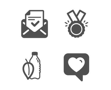 Set of Water bottle, Approved mail and Honor icons. Heart sign. Mint leaf drink, Confirmed document, Medal. Like rating.  Classic design water bottle icon. Flat design. Vectorのイラスト素材