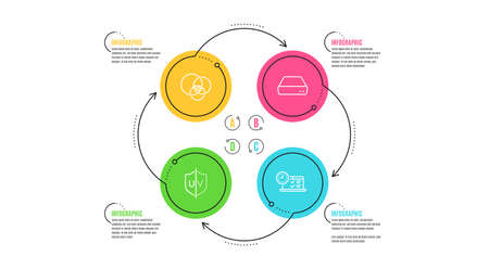 Diagram, Mini pc and Uv protection icons simple set. Infographic timeline. Online test sign. Relationships chart, Computer, Ultraviolet. Examination. Business set. Cycle infographic. Vectorのイラスト素材