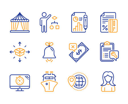 Circus tent, Spanner and Report document icons simple set. Credit card, Rejected payment and Parcel delivery signs. Bell, Seo timer and Algorithm symbols. World travel, Ship and Woman. Vectorのイラスト素材
