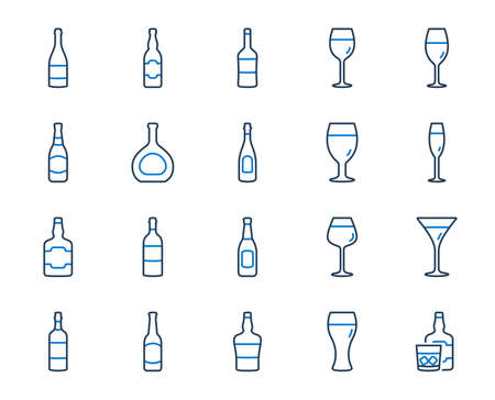 Wine bottle line icons. Set of Craft beer, Whiskey and Wine glass icons. Champagne bottle, Alcohol drink with ice. Wineglass, Beer glass and Restaurant goblet signs. Beverage drink. Vectorのイラスト素材