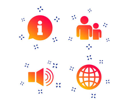 Information sign. Group of people and speaker volume symbols. Internet globe sign. Communication icons. Random dynamic shapes. Gradient communication icon. Vectorのイラスト素材