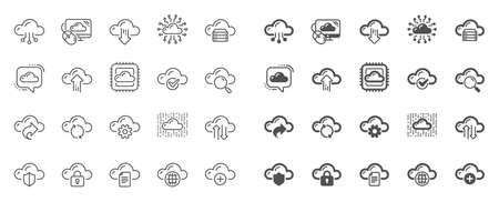 Cloud data and technology line icons. Set of Hosting, Computing data and File storage icons. Archive, Download, Share cloud files. Sync technology, Web server, Storage access. Quality sign setのイラスト素材