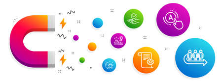 Magnet attracting. Roller coaster, Ab testing and Balloon dart icons simple set. Approved, Technical documentation and Queue signs. Attraction park, A test. Business set. Vectorのイラスト素材