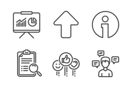 Info, Search analysis and Like icons simple set. Presentation, Upload and Conversation messages signs. Information, Find survey. Technology set. Line info icon. Editable stroke. Vectorのイラスト素材