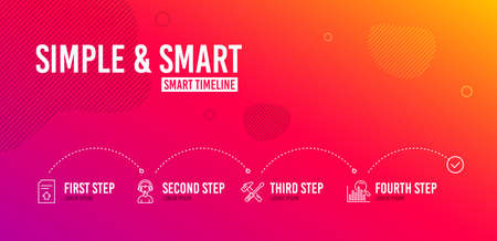 Infographic timeline. Upload file, Hammer tool and Consultant icons simple set. Search sign. Load document, Repair screwdriver, Call center. Analytics. Business set. 4 steps layout. Vectorのイラスト素材