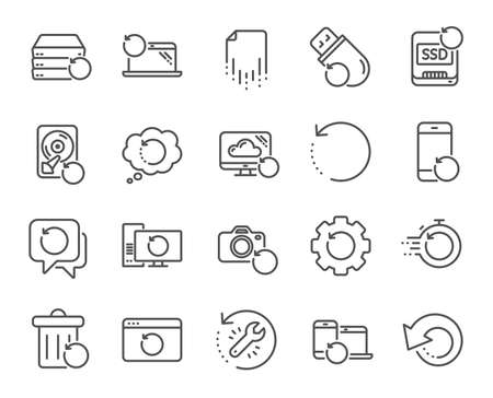 Recovery line icons. Backup, Restore data and recover document. Laptop renew, repair and phone recovery icons. Drive fix, restore information and return data. Backup document. Vectorのイラスト素材