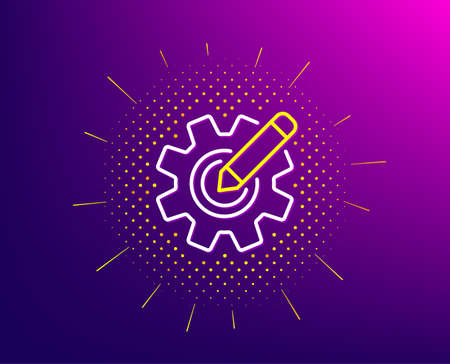 Cogwheel line icon. Halftone pattern. Engineering tool sign. Edit settings symbol. Gradient background. Cogwheel line icon. Yellow halftone pattern. Vectorのイラスト素材