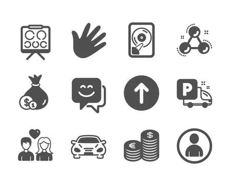 Set of Business icons, such as Avatar, Hand, Car, Hdd, Smile face, Cash, Swipe up, Chemistry molecule, Truck parking, Couple love, Vision board, Currency classic icons. User profile, Swipe. Vectorのイラスト素材