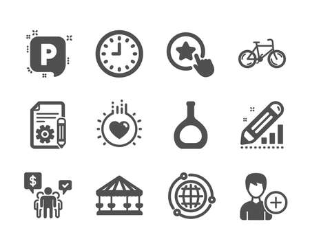 Set of Business icons, such as Teamwork, Cognac bottle, Loyalty star, Documentation, Love, Edit statistics, Carousels, Parking, Add person, Bicycle, Clock, Globe classic icons. Teamwork icon. Vectorのイラスト素材