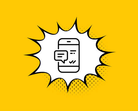 Phone Message line icon. Comic speech bubble. Mobile chat sign. Conversation or SMS symbol. Yellow background with chat bubble. Smartphone notification icon. Colorful banner. Vectorのイラスト素材