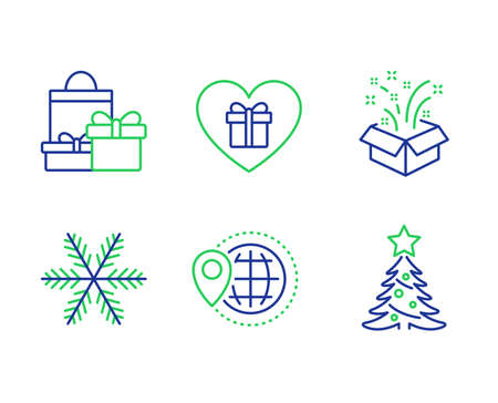 Gift, World travel and Snowflake line icons set. Romantic gift, Shopping and Christmas tree signs. New year, Map pointer, Air conditioning. Surprise with love. Holidays set. Vectorのイラスト素材