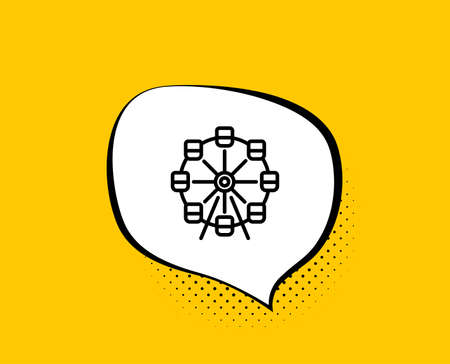 Ferris wheel line icon. Comic speech bubble. Amusement park sign. Carousels symbol. Yellow background with chat bubble. Ferris wheel icon. Colorful banner. Vectorのイラスト素材