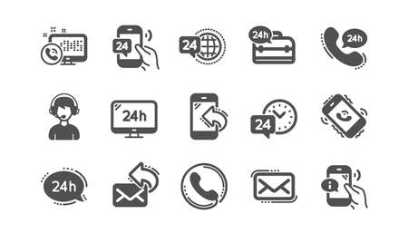 Processing icons. Call center, Support and Chat message. 24 hour service classic icon set Quality set. Vectorのイラスト素材
