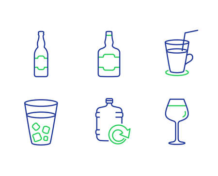 Beer bottle, Refill water and Cocktail line icons set. Whiskey bottle, Ice tea and Bordeaux glass signs. Craft beer, Fresh beverage, alcohol. Soda beverage. Food and drink set. Vectorのイラスト素材