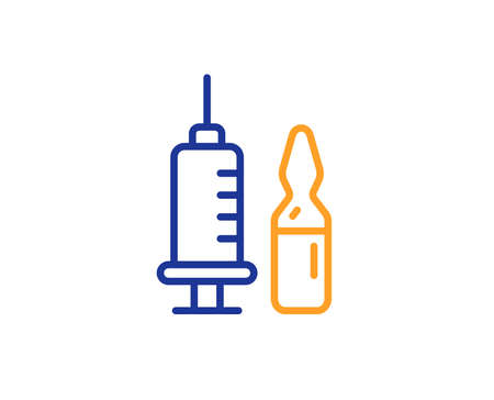 Medicine vaccine sign. Medical vaccination line icon. Pharmacy medication symbol. Colorful outline concept. Blue and orange thin line medical vaccination icon. Vectorのイラスト素材