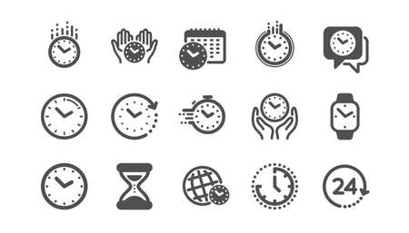 Time and clock icons. Timer, Alarm and Smartwatch. Time management, 24 hour clock, deadline alarm icons. Sand hourglass, smartwatch, timer stopwatch. Classic set. Quality set. Vectorのイラスト素材