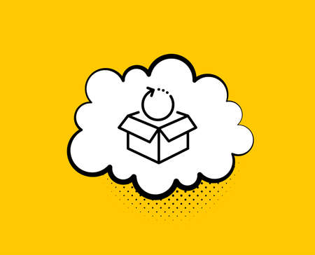 Return package line icon. Comic speech bubble. Delivery parcel sign. Cargo goods box symbol. Yellow background with chat bubble. Return package icon. Colorful banner. Vectorのイラスト素材