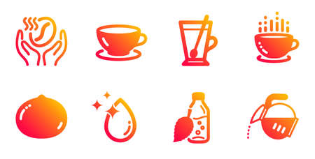 Macadamia nut, Water drop and Tea mug line icons set. Coffee, Water bottle and Coffee cup signs.のイラスト素材