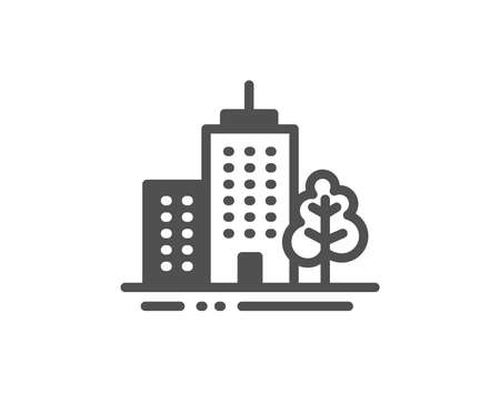 City architecture with tree sign. Skyscraper buildings icon. Town symbol. Classic flat style. Simple skyscraper buildings icon. Vectorのイラスト素材