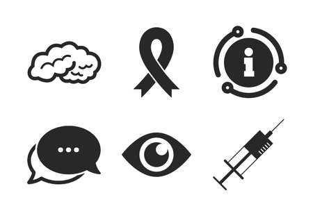 Syringe, eye, brain and ribbon signs. Chat, info sign. Medicine icons. Breast cancer awareness symbol. Human intelligent smart mind. Classic style speech bubble icon. Vectorのイラスト素材