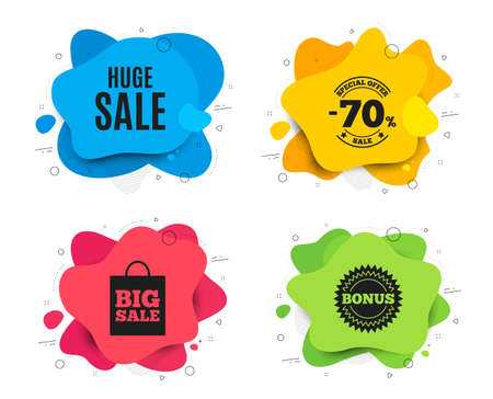 Huge Sale. Liquid shape, various colors. Special offer price sign. Advertising Discounts symbol. Geometric vector banner. Huge sale text. Gradient shape badge. Vectorのイラスト素材