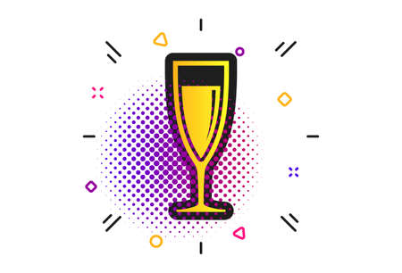 Glass of champagne sign icon. Halftone dots pattern. Sparkling wine. Celebration or banquet alcohol drink symbol. Classic flat champagne icon. Vectorのイラスト素材