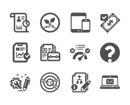 Set of Education icons, such as Targeting, Mobile devices, Startup, Correct answer, Vacancy, Algorithm, E-mail, Report, Question mark, Engineering, Accepted payment, Report checklist. Vectorのイラスト素材