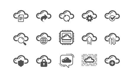 Cloud data and technology icons. Hosting, Computing data and File storage. Computer sync classic icon set. Quality set. Vectorのイラスト素材