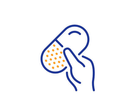 Medical drugs sign. Capsule pill line icon. Pharmacy medication symbol. Colorful outline concept. Blue and orange thin line capsule pill icon. Vectorのイラスト素材
