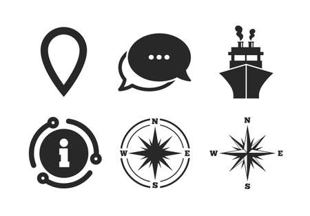 Shipping delivery sign. Chat, info sign. Windrose navigation compass icons. Location map pointer symbol. Classic style speech bubble icon. Vectorのイラスト素材