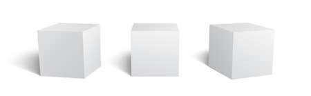 Box mockup. Cube perspective view, white packaging boxes templates. Branding container. Geometric cube or box package mockup. 3d form for brand design. Advertising shapes. Vector template with shadowsのイラスト素材