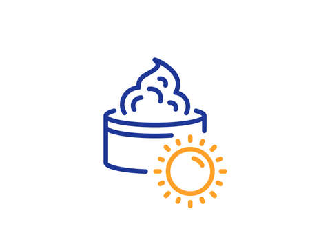 Skin care sign. Sun face cream line icon. Cosmetic lotion symbol. Colorful outline concept. Blue and orange thin line sun cream icon. Vectorのイラスト素材