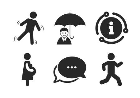 Human running symbol. Chat, info sign. Businessman with umbrella icon. Man love Woman or Lovers sign. Women Pregnancy. Life insurance. Classic style speech bubble icon. Vectorのイラスト素材
