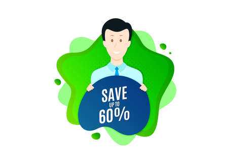 Save up to 60%. Cut out people badge. Discount Sale offer price sign. Special offer symbol. Dynamic shape offer. Discount text. Cut out people dynamic banner. Worker person badge. Vectorのイラスト素材