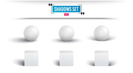 Vector shadow set. Realistic sphere and cube with shadow. Box mockup template, branding container, 3d cube shape. Divider line, message with quotes. Vector templateのイラスト素材