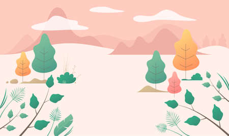 Tree with leaves vector template. Flat fantasy design. Minimal nature background. Outdoor plants. Simple tree and leaf design. Mountain clouds template. Decoration leaves. Vector fantasy backgroundのイラスト素材