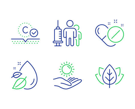 Water drop, Medical pills and Sun protection line icons set. Medical vaccination, Collagen skin and Organic tested signs. Serum oil, Drugs, Ultraviolet care. Syringe vaccine. Healthcare set. Vectorのイラスト素材