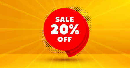 Discount banner shape. Sale 20% off badge. Coupon bubble icon. Abstract yellow background. Modern...
