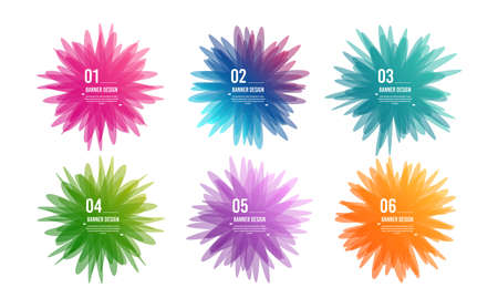 Geometric flower banners. Overlay colors shape art design. Abstract style spots. Infographic steps. Graphic tag element for advertisements. Business infographic. Vectorのイラスト素材