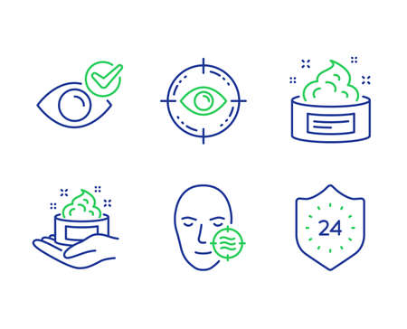 Skin cream, Check eye and Eye target line icons set. Problem skin, 24 hours signs. Medical cosmetic, Vision, Optometry. Facial care. Medical set. Line skin cream outline icons. Vectorのイラスト素材