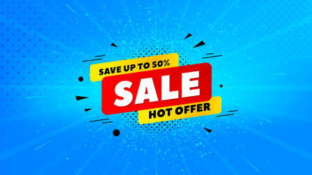 Sale 50 percent off badge. Discount banner shape. Hot offer icon. Abstract background. Modern concept design. Banner with sale offer badge. Vectorのイラスト素材