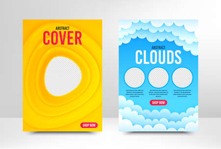 Web banner template. Cover design layout. Email newsletter flyer. Banner with clouds for social media mobile apps. A4 format brochure cover background. Flyer design page template. Yellow vector posterのイラスト素材